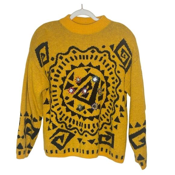 Vintage Kitty Hawk 80's Gold & Black Geometric Pattern Sweater Large  #QQ - Picture 1 of 7